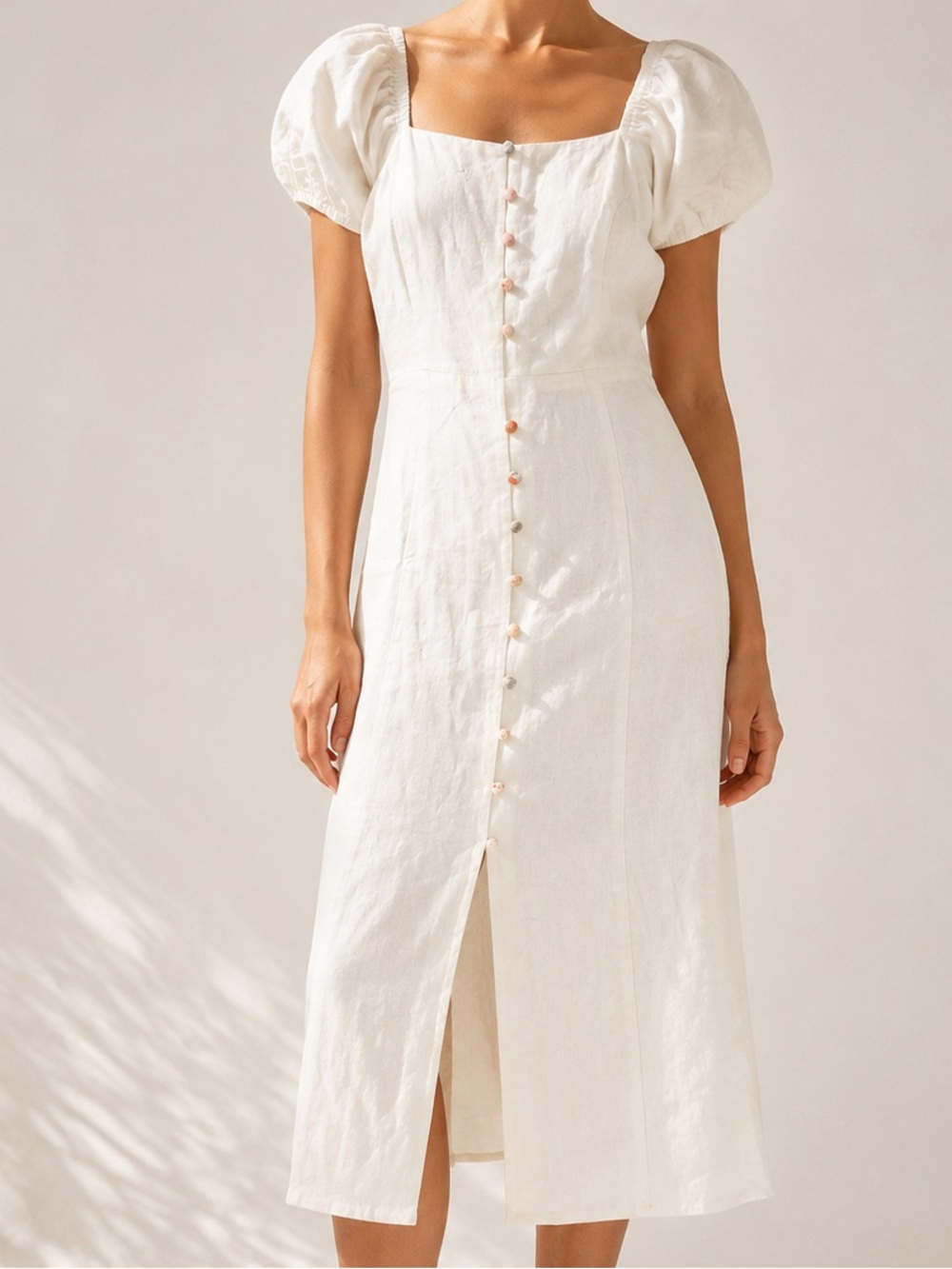 Moon River White Puff-Sleeve Button-Front Midi Dress linen blend fabric buttons